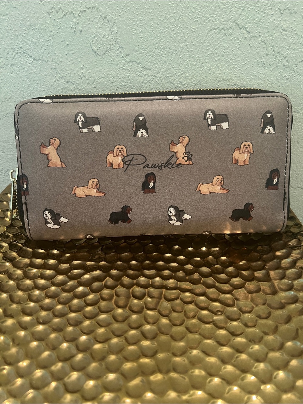 #2282Pawskiie Gray Dog Print Zip Wallet - Picture 1 of 15